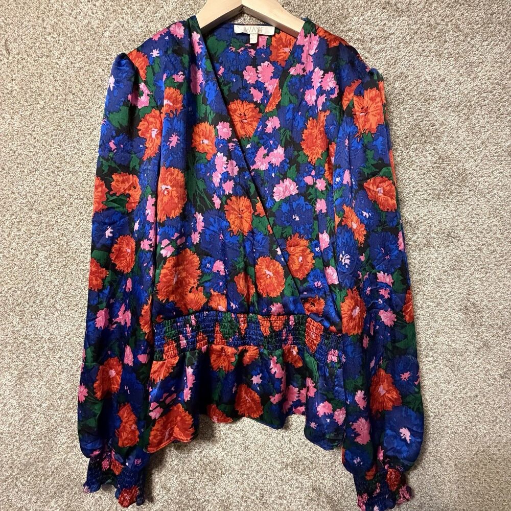 WAYF Floral Wrap V-Neck Smocked Peplum Blouse Long Sleeve Blue Red Large (L)